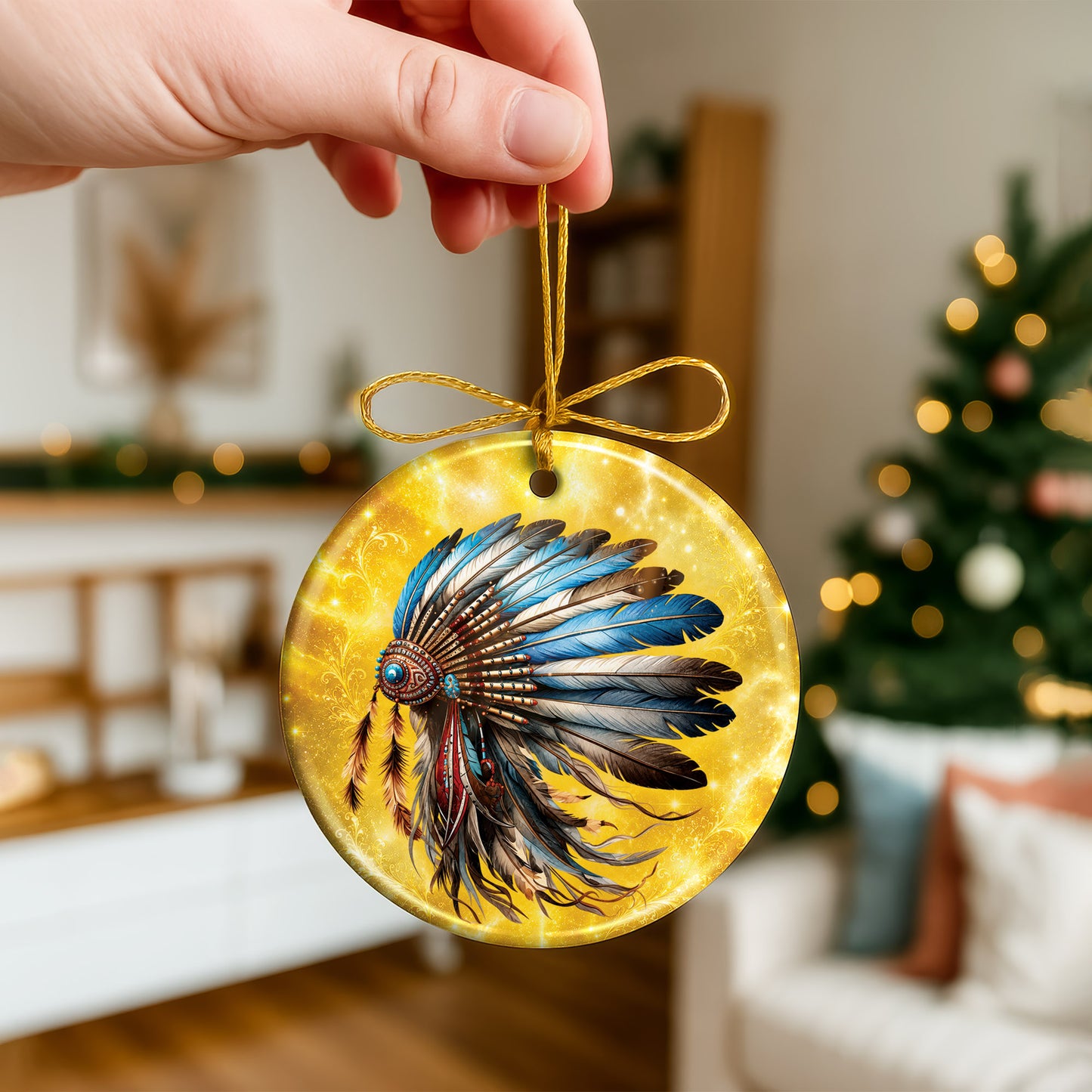 Blue Feather Headdress Ceramic Ornament Native American Heritage Christmas Tree Decoration