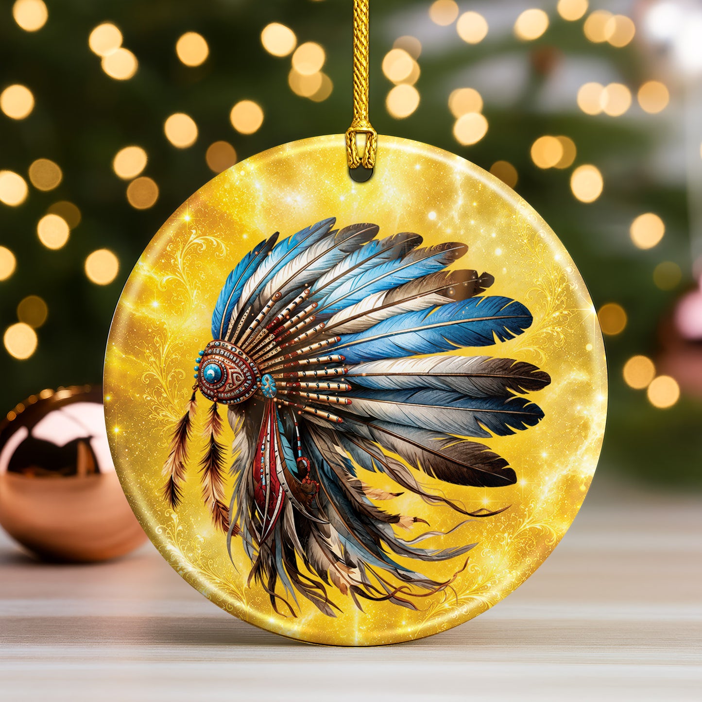 Blue Feather Headdress Ceramic Ornament Native American Heritage Christmas Tree Decoration