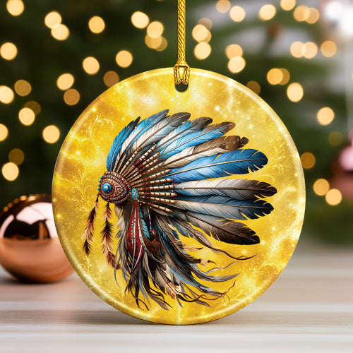 Blue Feather Headdress Ceramic Ornament Native American Heritage Christmas Tree Decoration