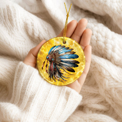 Blue Feather Headdress Ceramic Ornament Native American Heritage Christmas Tree Decoration