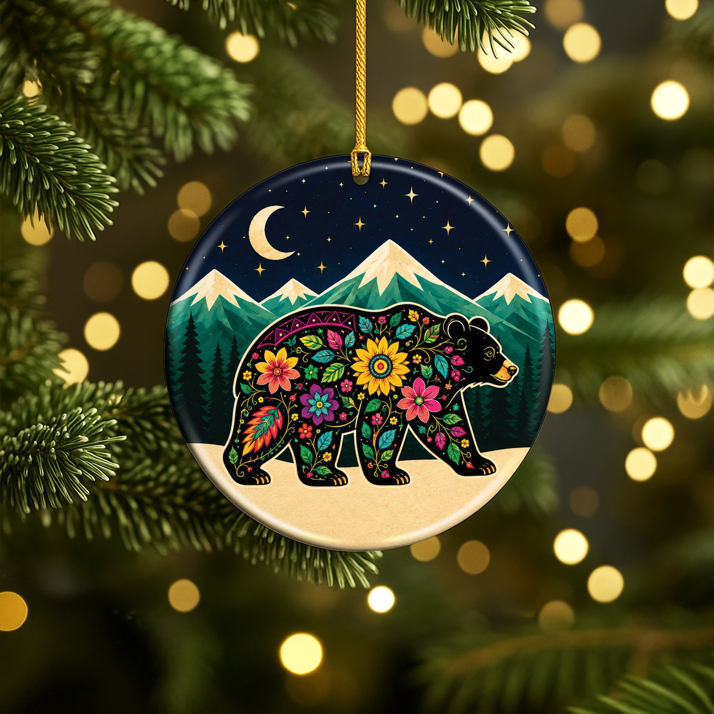 Sacred Bear Spirit Ceramic Ornament Native Inspired Floral Bear Christmas Decor