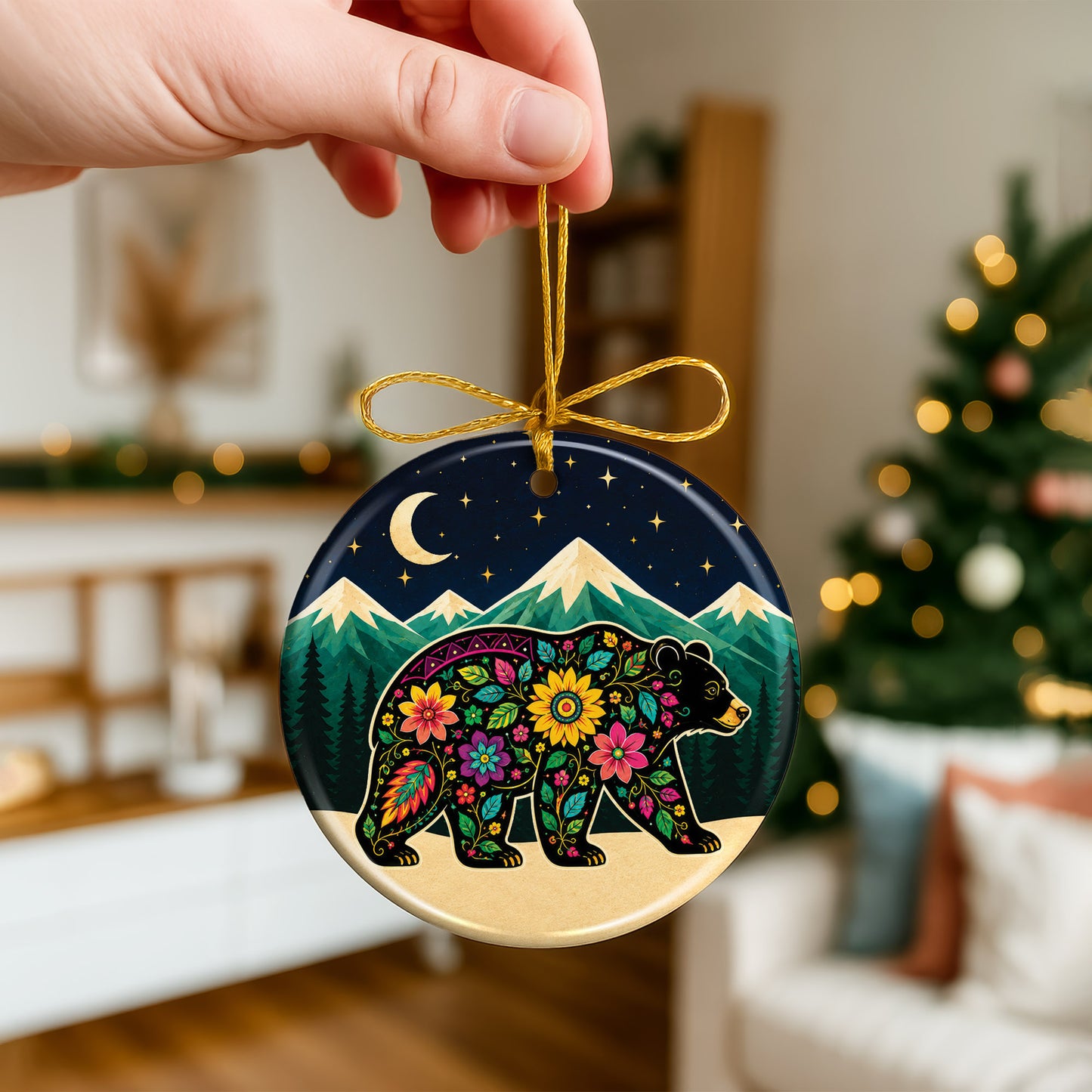 Sacred Bear Spirit Ceramic Ornament Native Inspired Floral Bear Christmas Decor