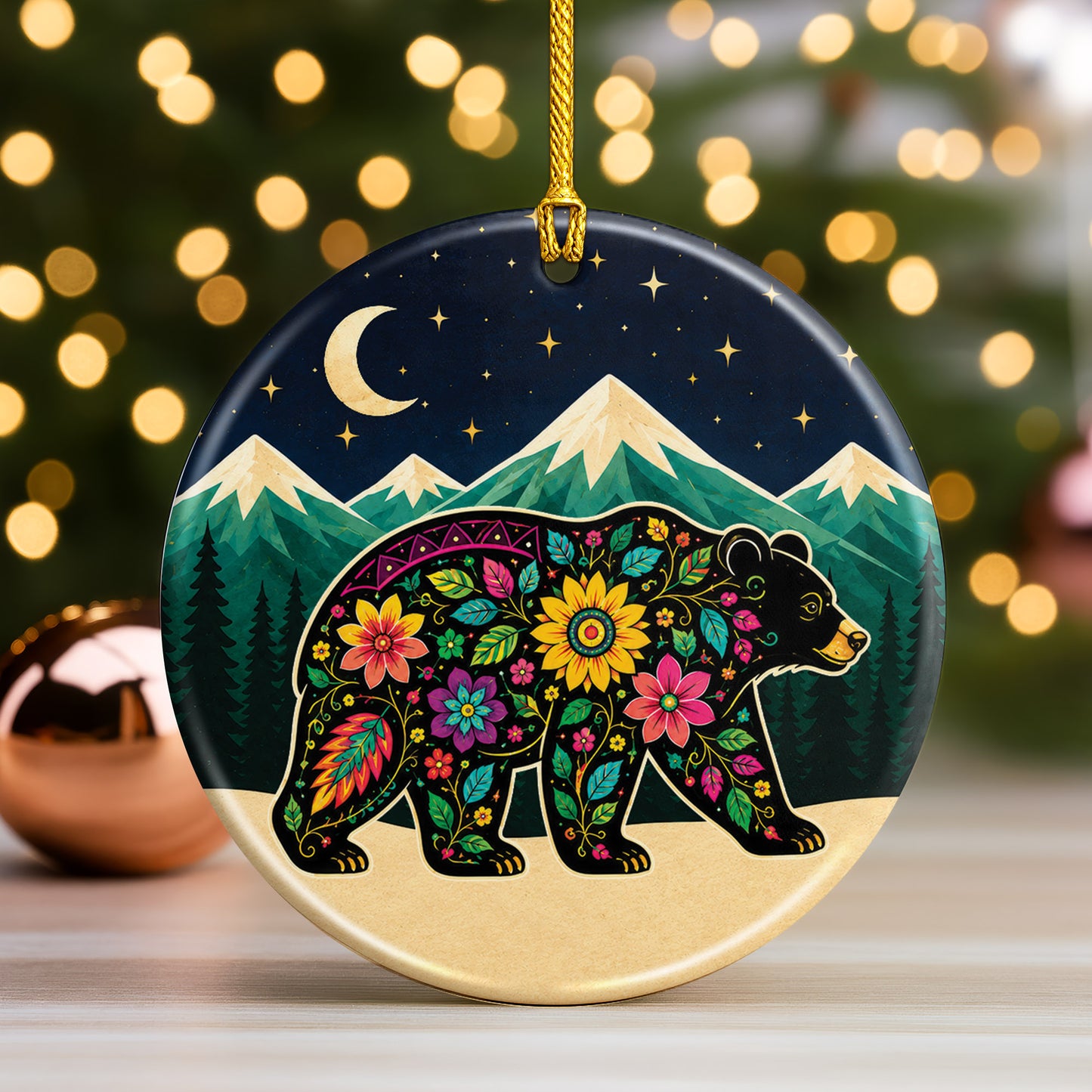 Sacred Bear Spirit Ceramic Ornament Native Inspired Floral Bear Christmas Decor