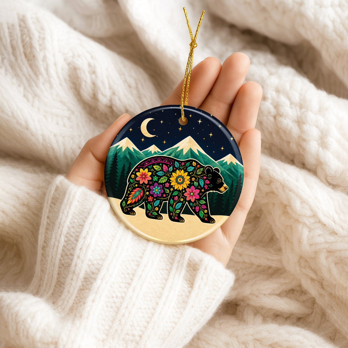 Sacred Bear Spirit Ceramic Ornament Native Inspired Floral Bear Christmas Decor