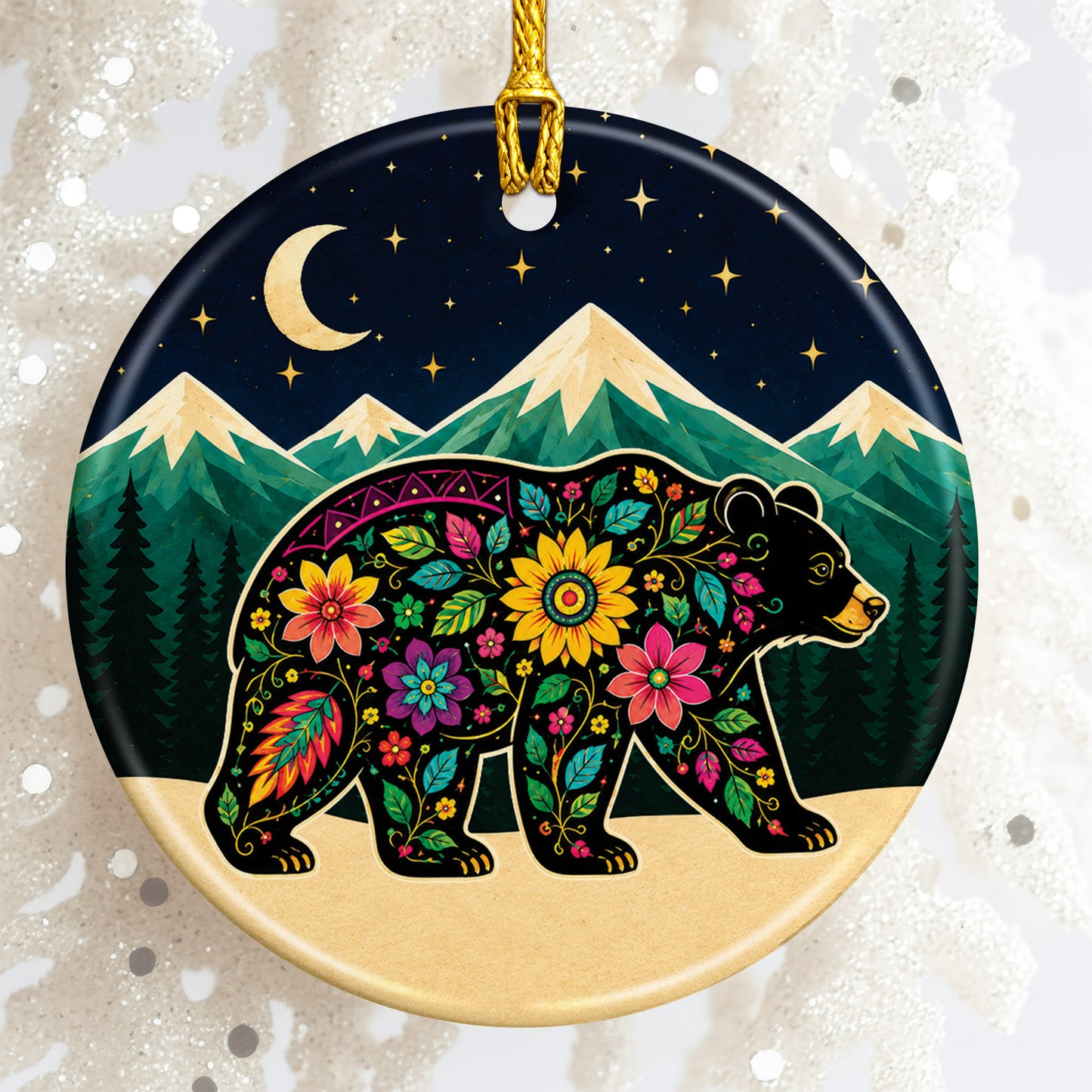 Sacred Bear Spirit Ceramic Ornament Native Inspired Floral Bear Christmas Decor