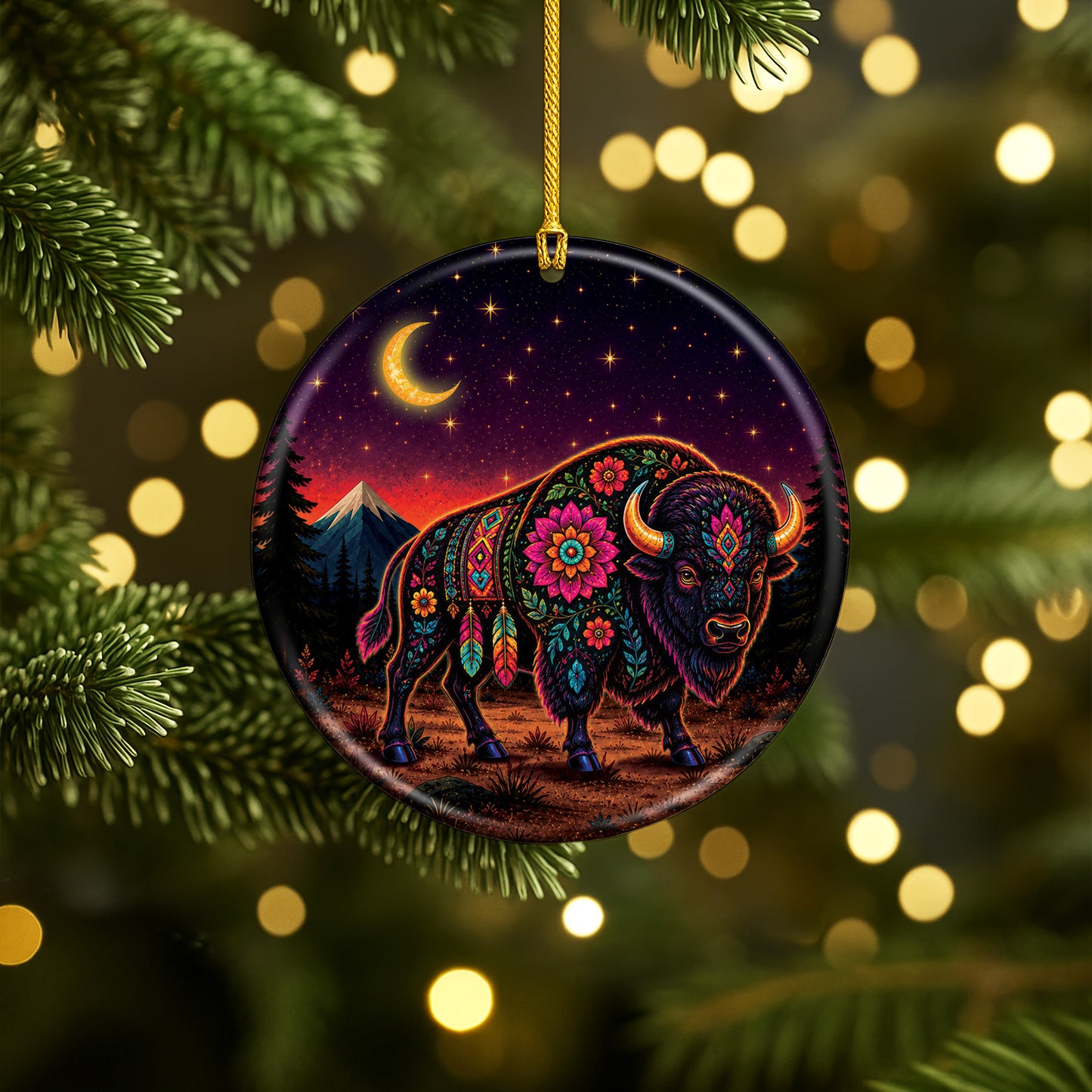 Sacred Buffalo Spirit Ceramic Ornament Floral Bison Native Inspired Christmas Decor