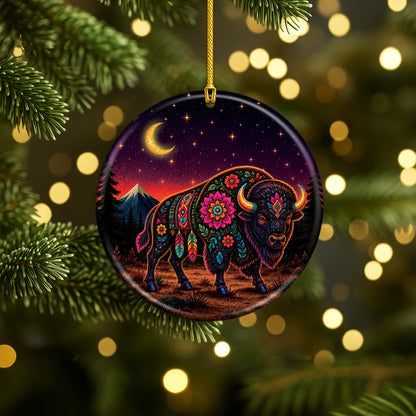 Sacred Buffalo Spirit Ceramic Ornament Floral Bison Native Inspired Christmas Decor