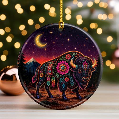 Sacred Buffalo Spirit Ceramic Ornament Floral Bison Native Inspired Christmas Decor