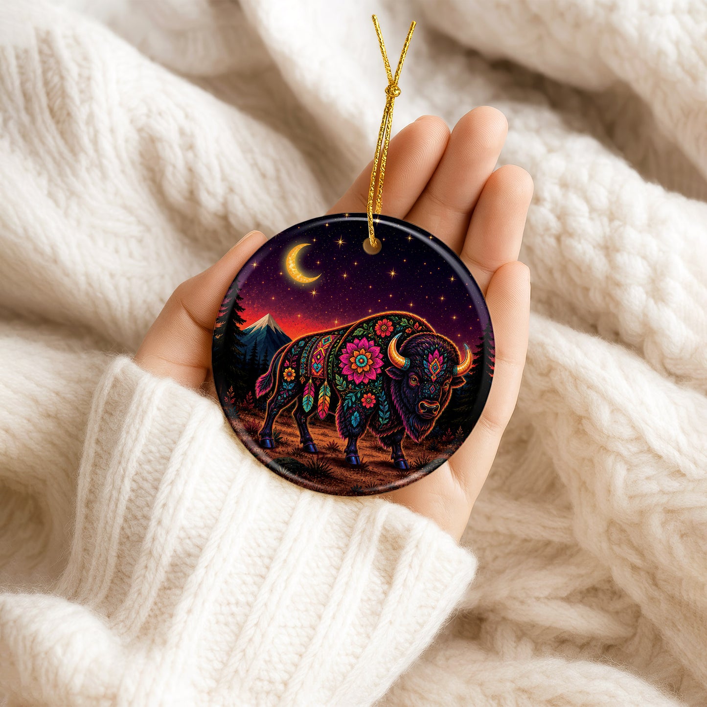 Sacred Buffalo Spirit Ceramic Ornament Floral Bison Native Inspired Christmas Decor