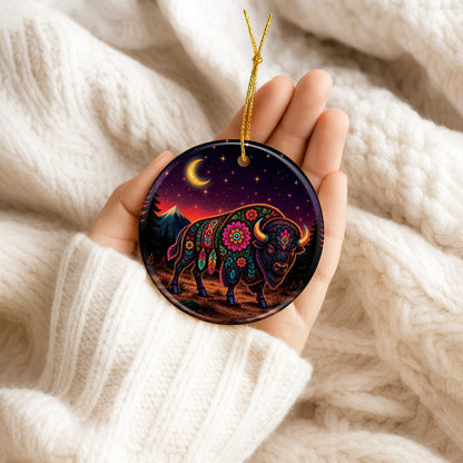 Sacred Buffalo Spirit Ceramic Ornament Floral Bison Native Inspired Christmas Decor
