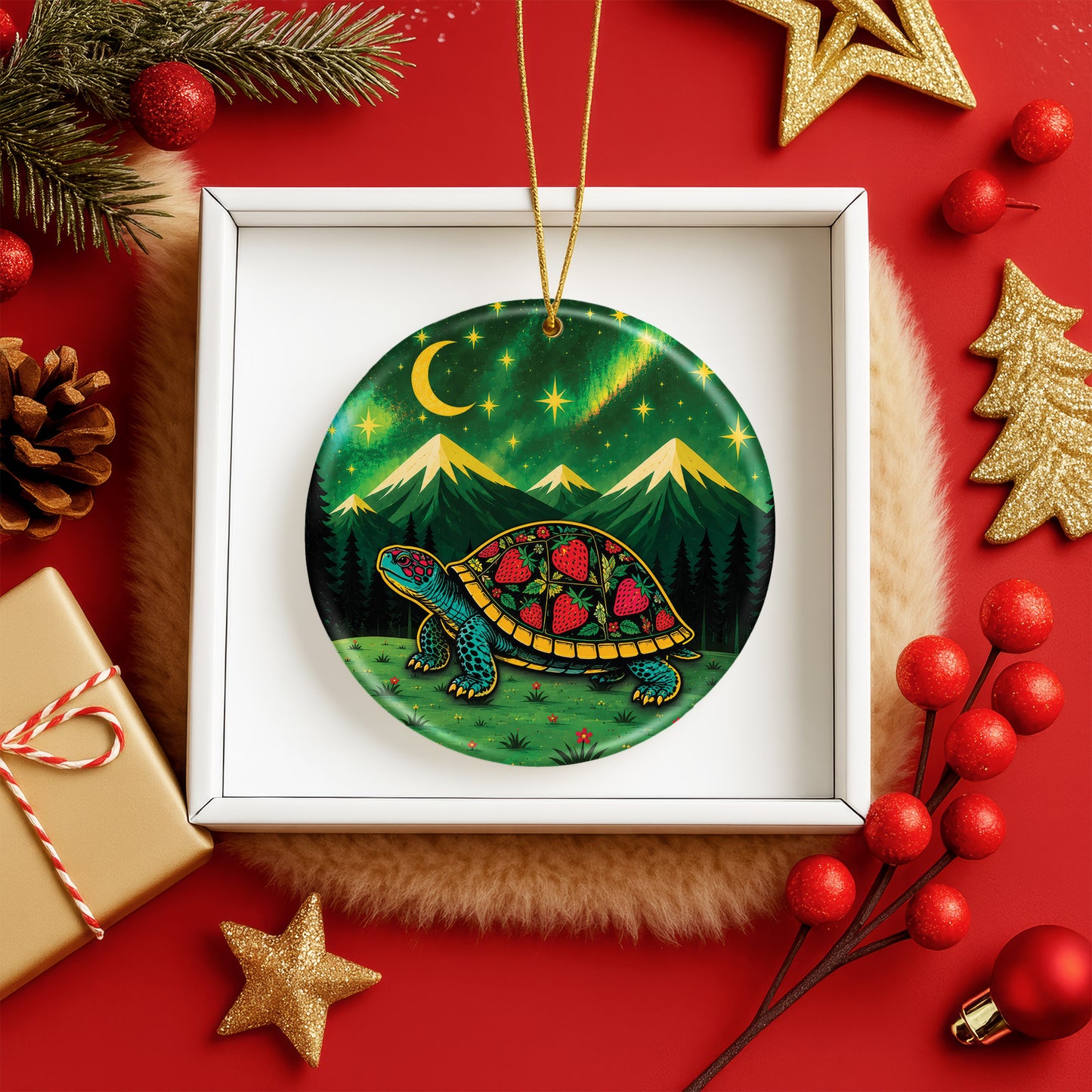Native Inspired Turtle Ceramic Ornament, Indigenous Style Wildlife Holiday Decor