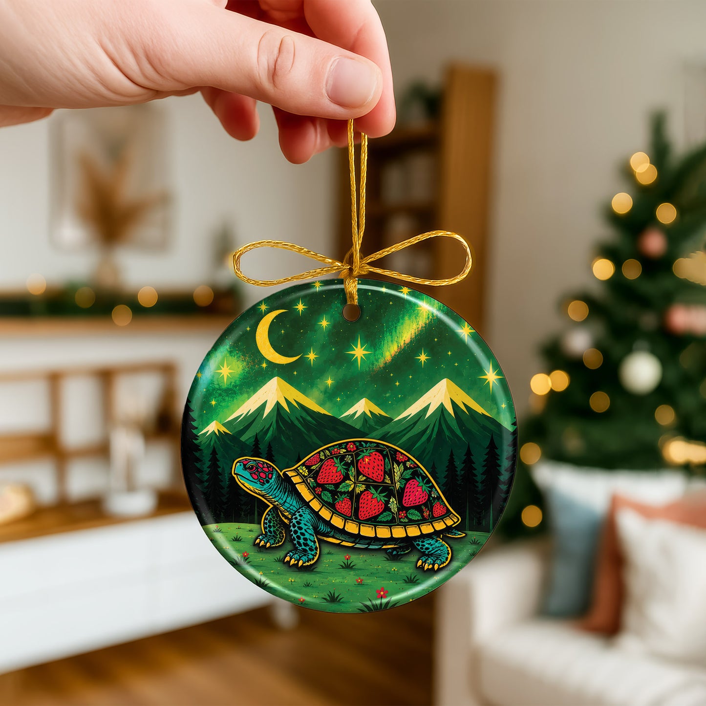 Native Inspired Turtle Ceramic Ornament, Indigenous Style Wildlife Holiday Decor
