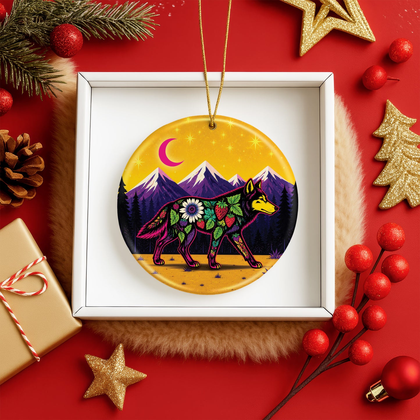 Native Inspired Wolf Ceramic Ornament, Indigenous Style Wildlife Holiday Decor