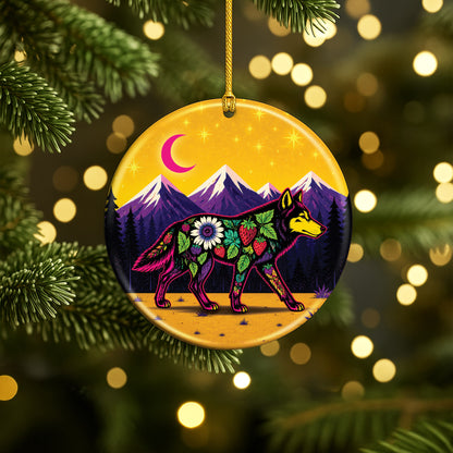 Native Inspired Wolf Ceramic Ornament, Indigenous Style Wildlife Holiday Decor