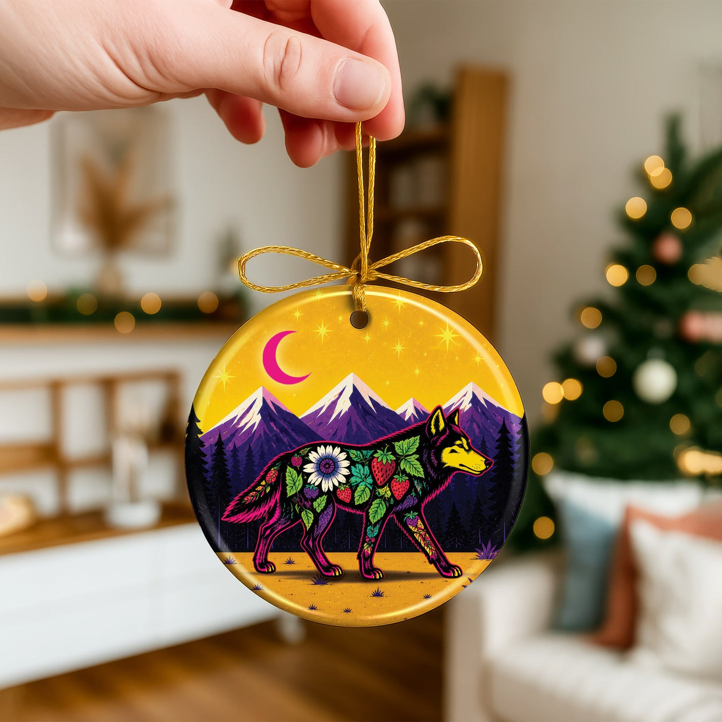 Native Inspired Wolf Ceramic Ornament, Indigenous Style Wildlife Holiday Decor