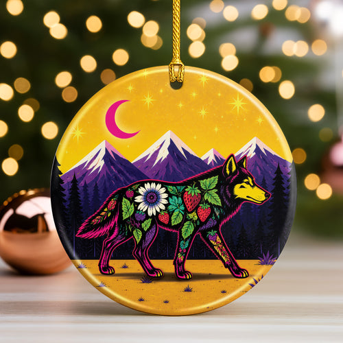 Native Inspired Wolf Ceramic Ornament, Indigenous Style Wildlife Holiday Decor