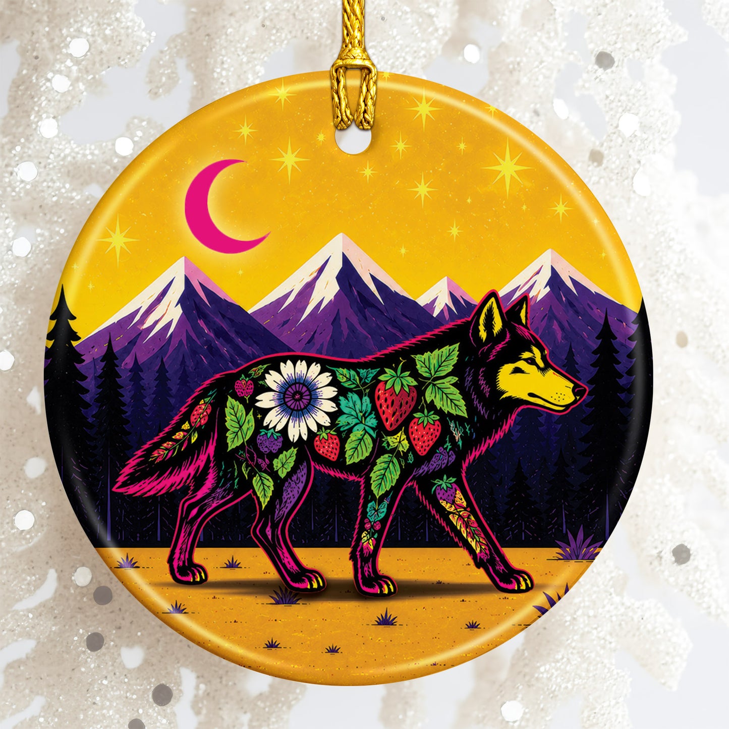 Native Inspired Wolf Ceramic Ornament, Indigenous Style Wildlife Holiday Decor