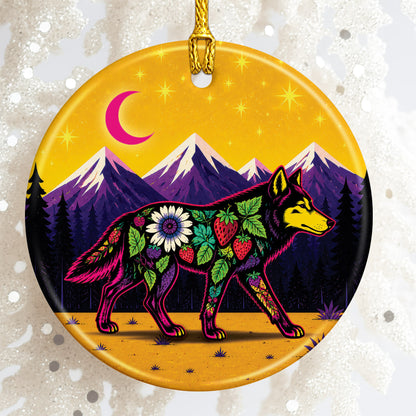 Native Inspired Wolf Ceramic Ornament, Indigenous Style Wildlife Holiday Decor