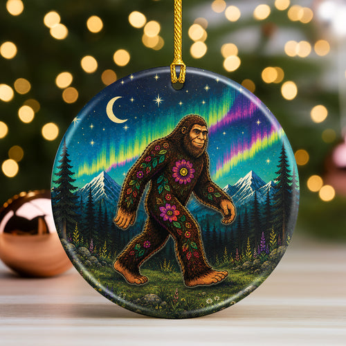 Native Inspired Bigfoot Ceramic Ornament Floral Sasquatch Christmas Holiday Decor