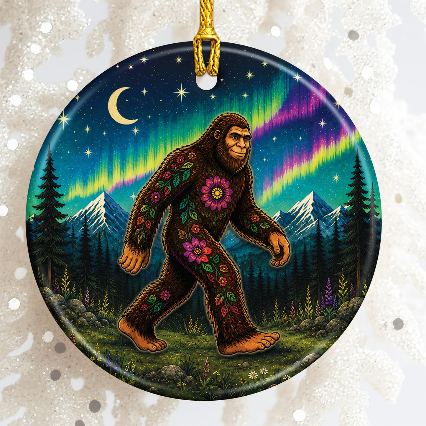 Native Inspired Bigfoot Ceramic Ornament Floral Sasquatch Christmas Holiday Decor