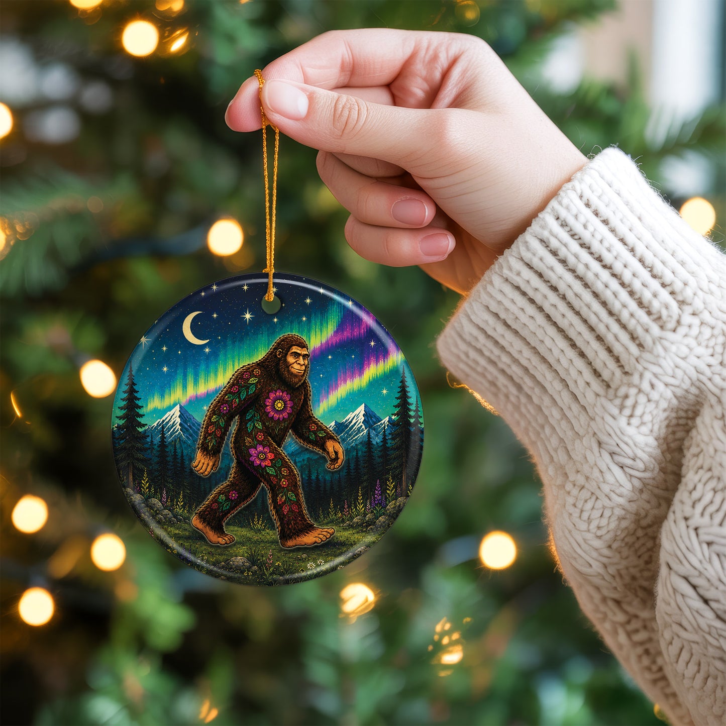 Native Inspired Bigfoot Ceramic Ornament Floral Sasquatch Christmas Holiday Decor