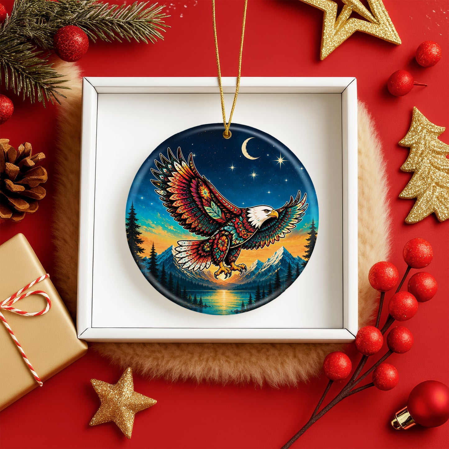 Native Inspired Eagle Ceramic Ornament, Indigenous Style Wildlife Holiday Decor