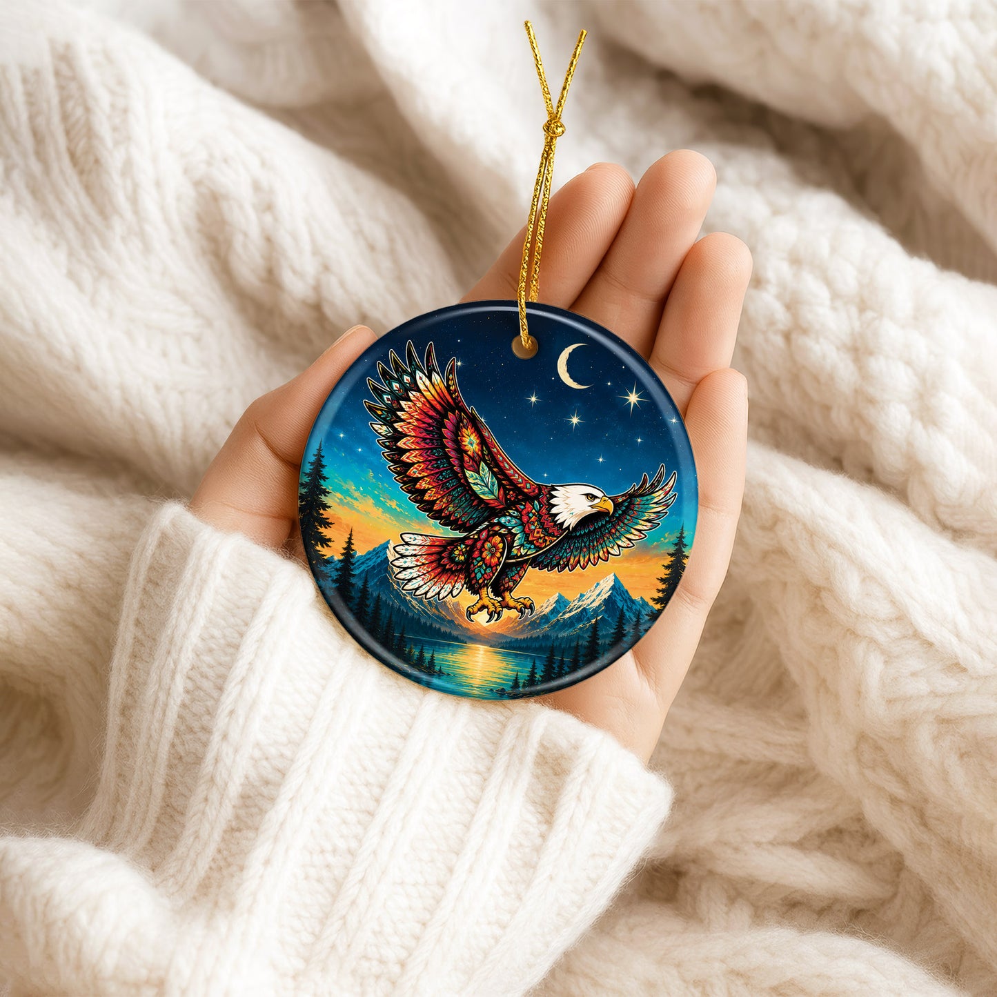Native Inspired Eagle Ceramic Ornament, Indigenous Style Wildlife Holiday Decor