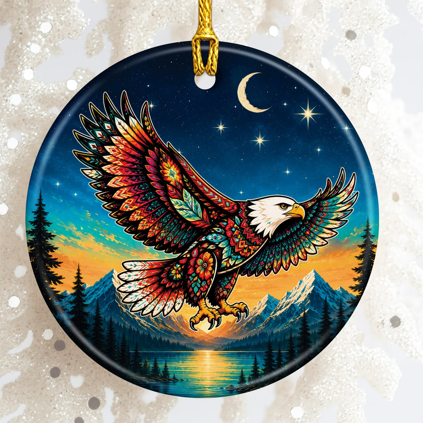 Native Inspired Eagle Ceramic Ornament, Indigenous Style Wildlife Holiday Decor