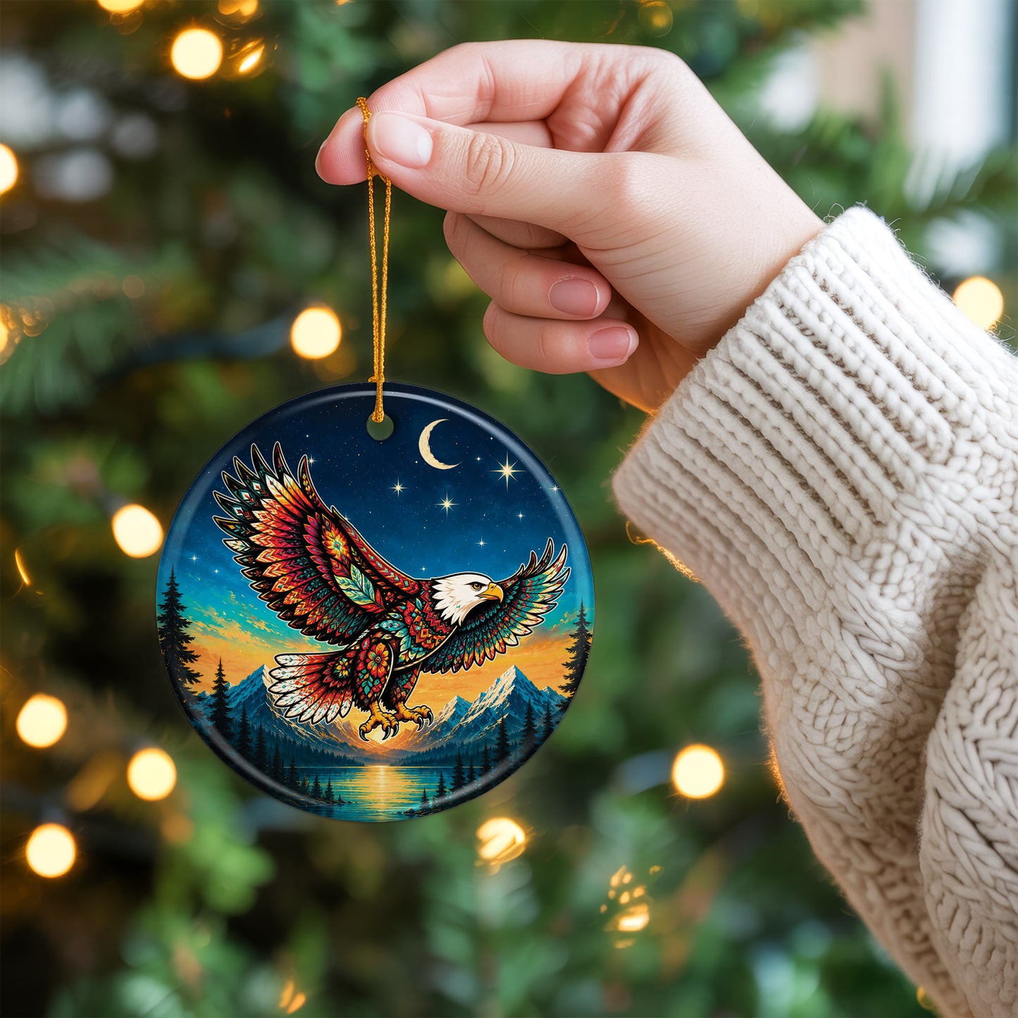 Native Inspired Eagle Ceramic Ornament, Indigenous Style Wildlife Holiday Decor