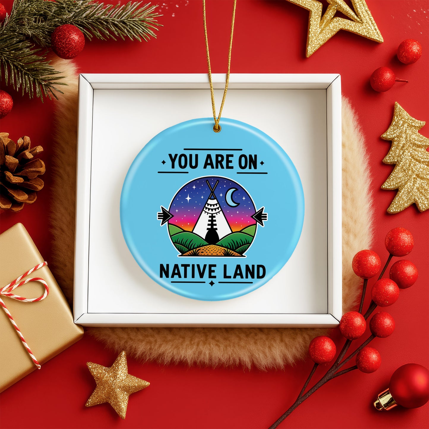 Native American Land Ceramic Christmas Ornament - Blue Round Decor