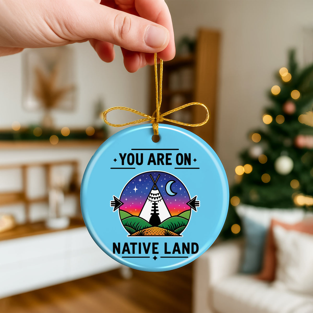 Native American Land Ceramic Christmas Ornament - Blue Round Decor
