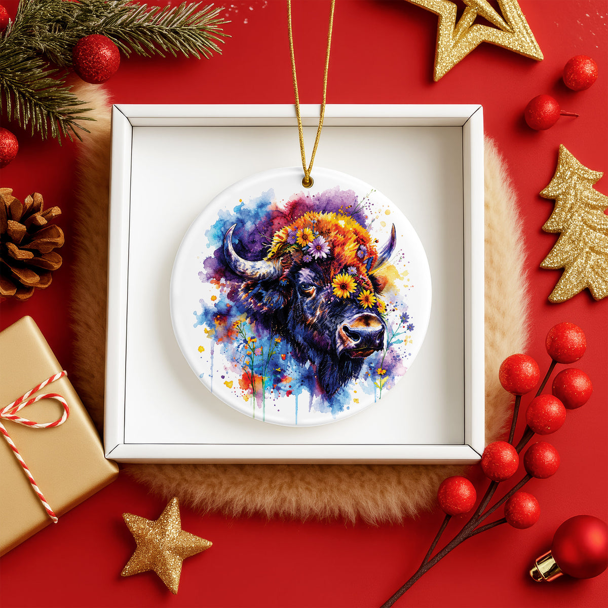 Bison Ceramic Christmas Ornament - Native Inspired Holiday Decor