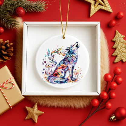 Watercolor Wolf Ceramic Ornament - Christmas Tree Decoration
