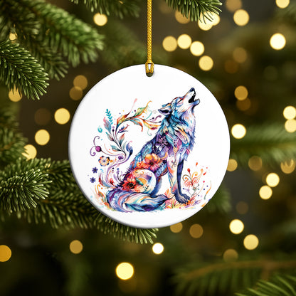 Watercolor Wolf Ceramic Ornament - Christmas Tree Decoration