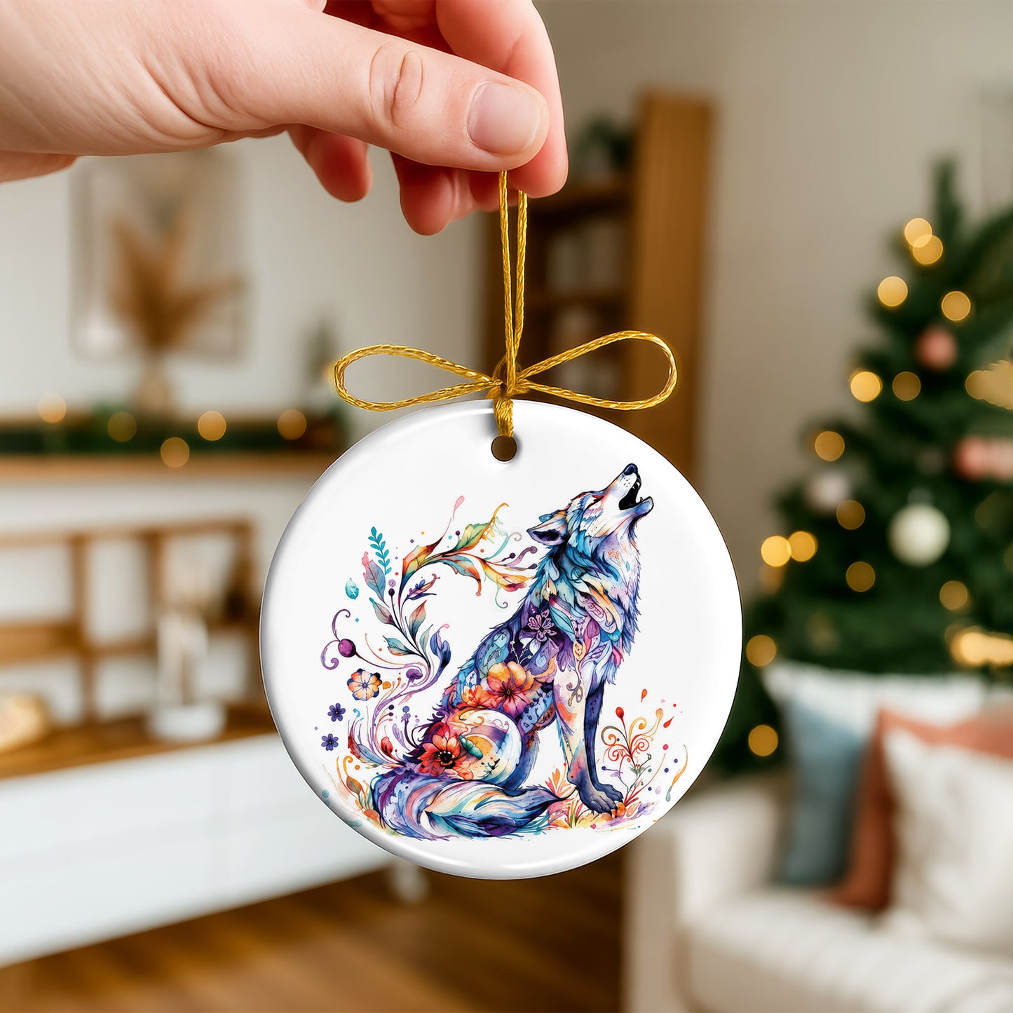 Watercolor Wolf Ceramic Ornament - Christmas Tree Decoration