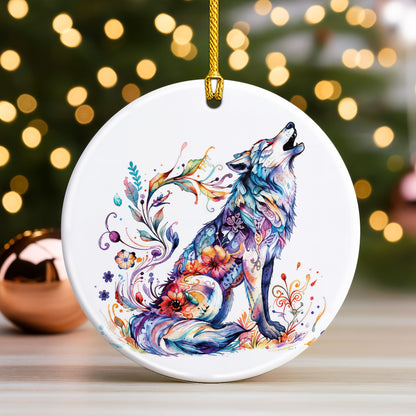 Watercolor Wolf Ceramic Ornament - Christmas Tree Decoration