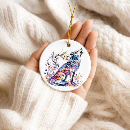 Watercolor Wolf Ceramic Ornament - Christmas Tree Decoration