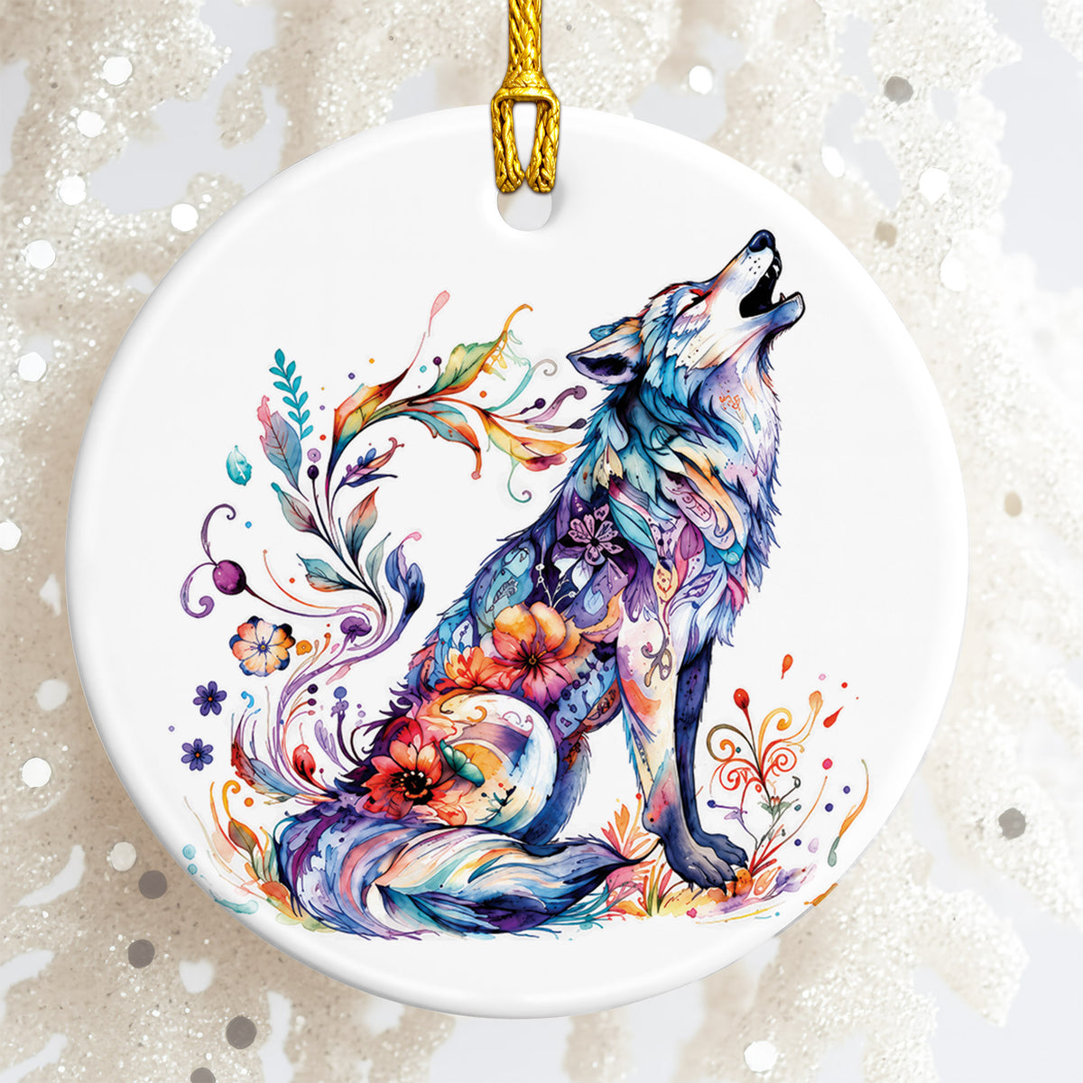 Watercolor Wolf Ceramic Ornament - Christmas Tree Decoration