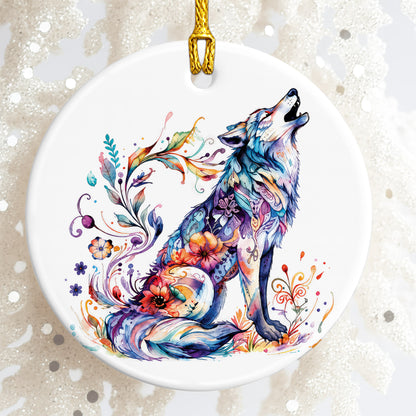 Watercolor Wolf Ceramic Ornament - Christmas Tree Decoration