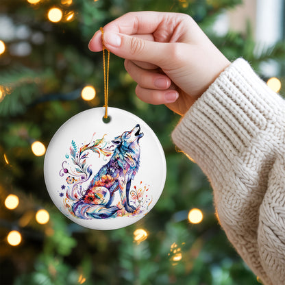 Watercolor Wolf Ceramic Ornament - Christmas Tree Decoration