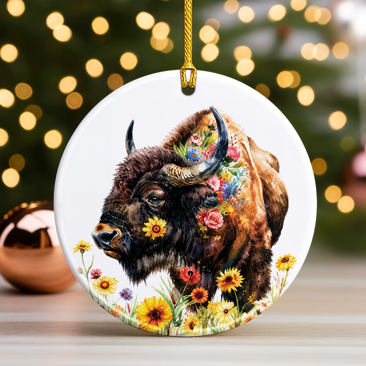 Watercolor Bison Ceramic Ornament - Christmas Tree Decoration
