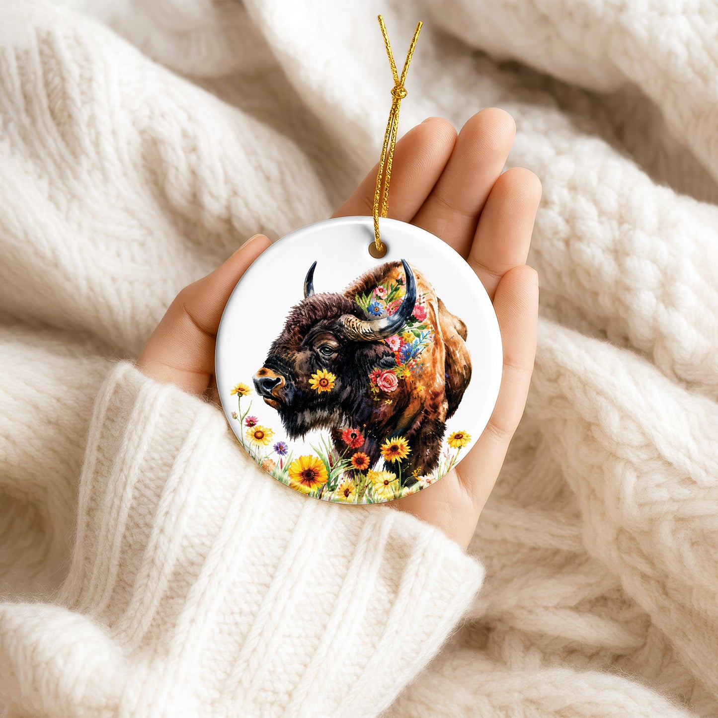 Watercolor Bison Ceramic Ornament - Christmas Tree Decoration