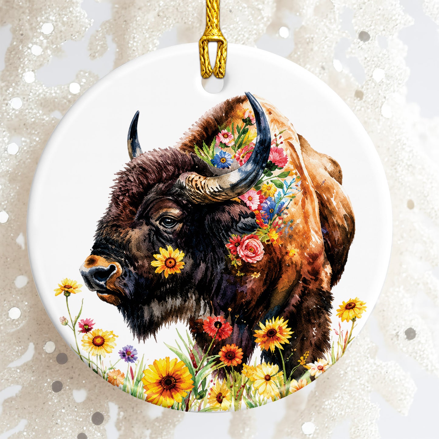 Watercolor Bison Ceramic Ornament - Christmas Tree Decoration