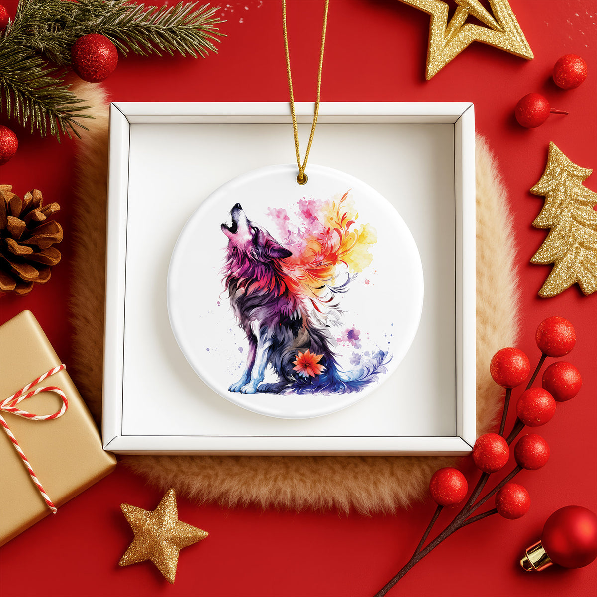 Wolf Ceramic Christmas Ornament - Wildlife Holiday Tree Decor