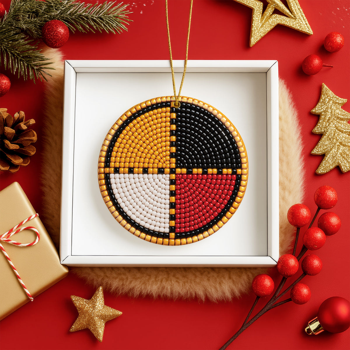 Four Directions Beaded Ceramic Christmas Ornament, Holiday Decoration