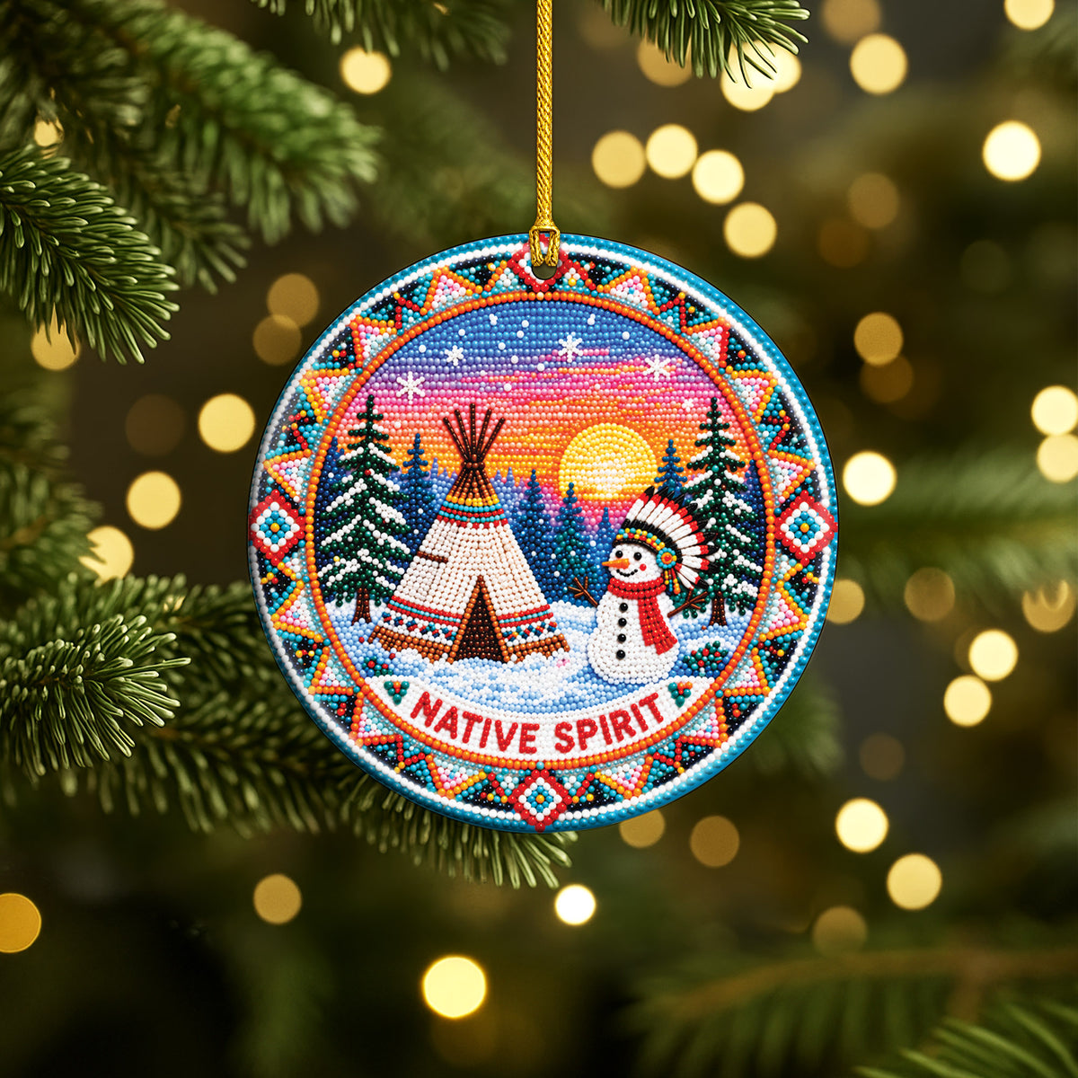 Native Beaded Ceramic Christmas Ornament, Snowman Winter Decor