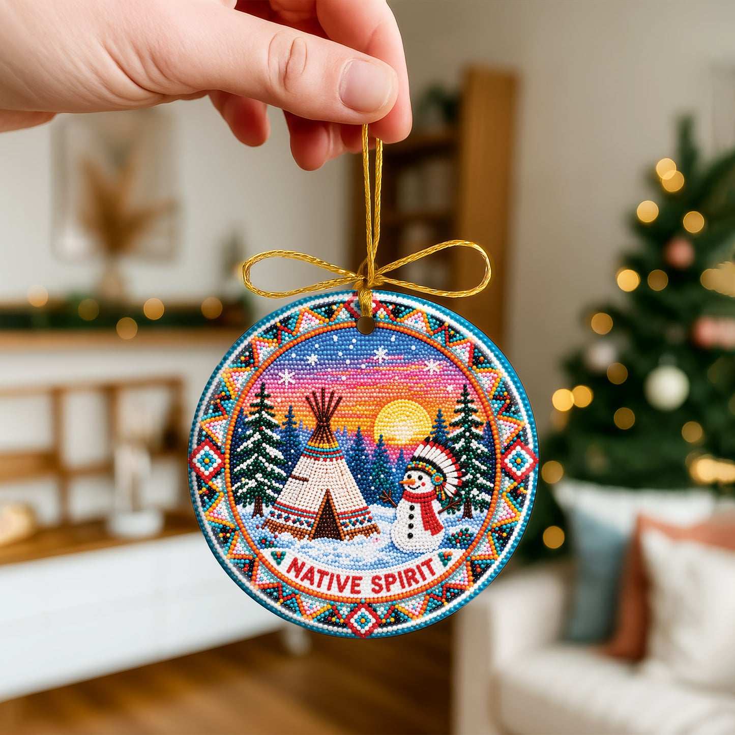Native Beaded Ceramic Christmas Ornament, Snowman Winter Decor