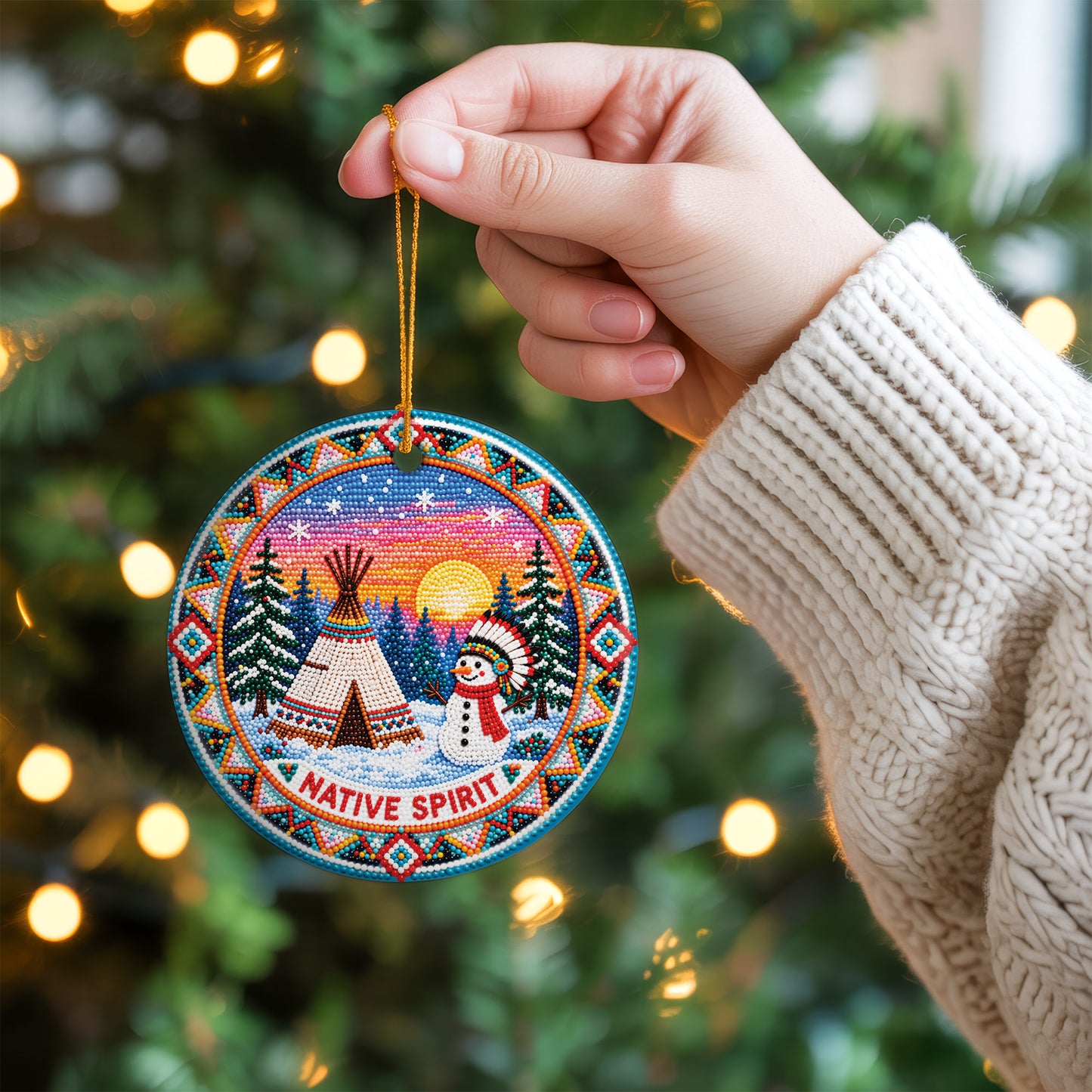 Native Beaded Ceramic Christmas Ornament, Snowman Winter Decor