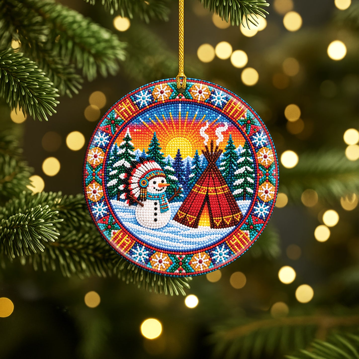 Native Beaded Ceramic Christmas Ornament, Snowman Teepee Decor