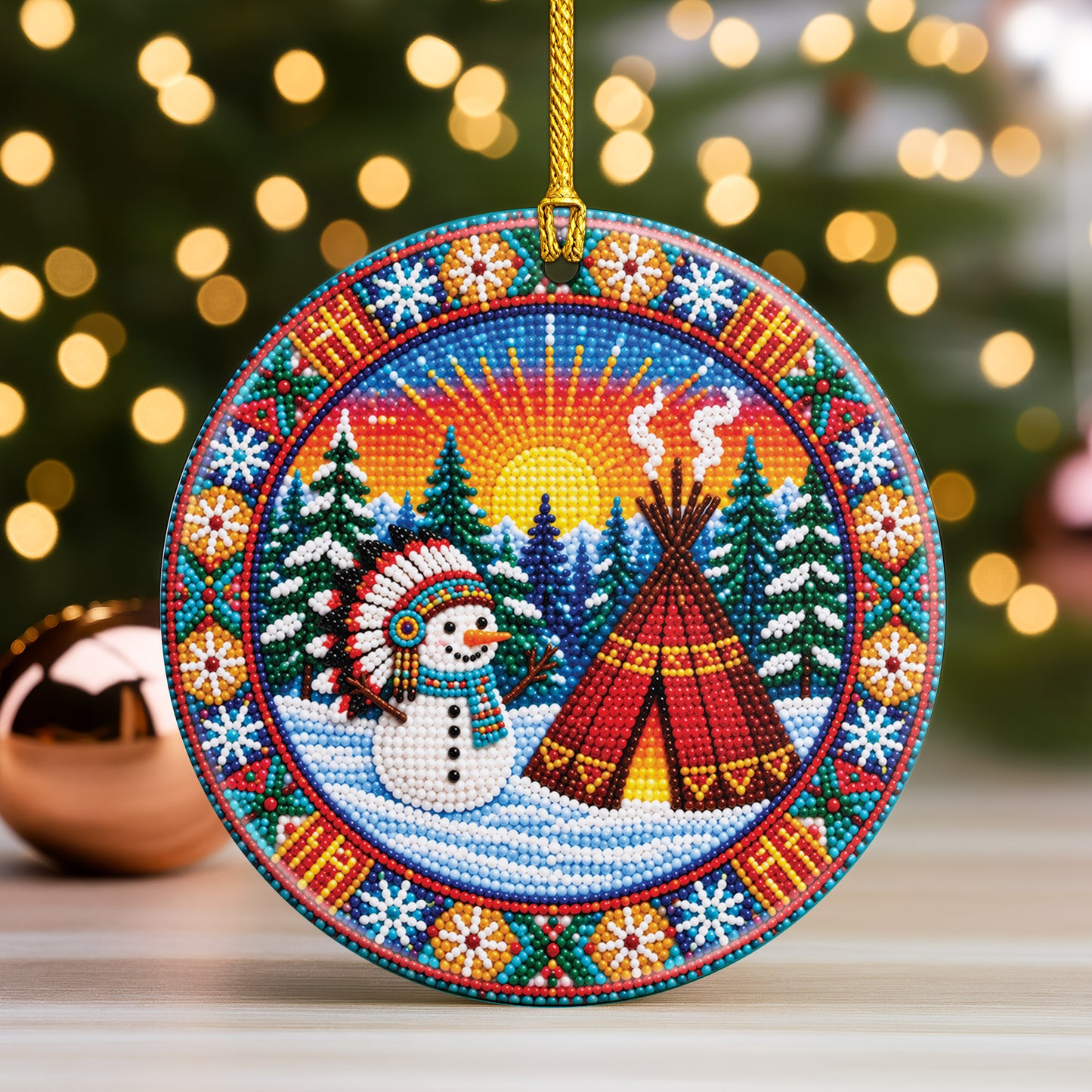 Native Beaded Ceramic Christmas Ornament, Snowman Teepee Decor